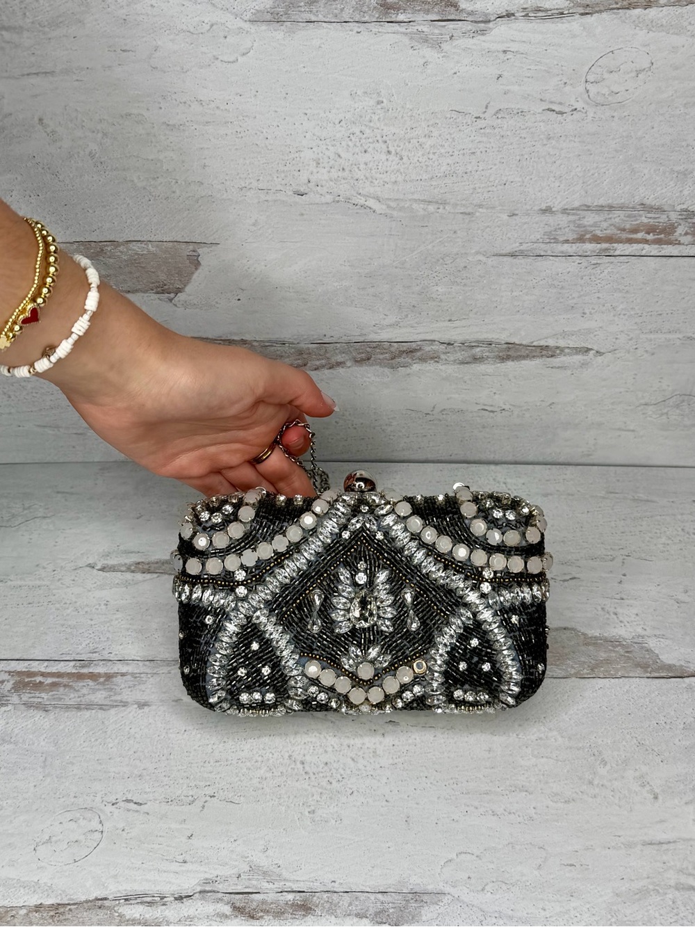 Embellished Black and Silver Evening Clutch with Pearl Accents